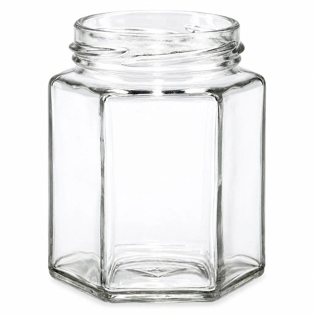 196ml hexa burk utan lock (TO58) UNiTWIST Sexkantig skruvburk 196ml TO82-gänga transparent tom utan lock för sylt och honung