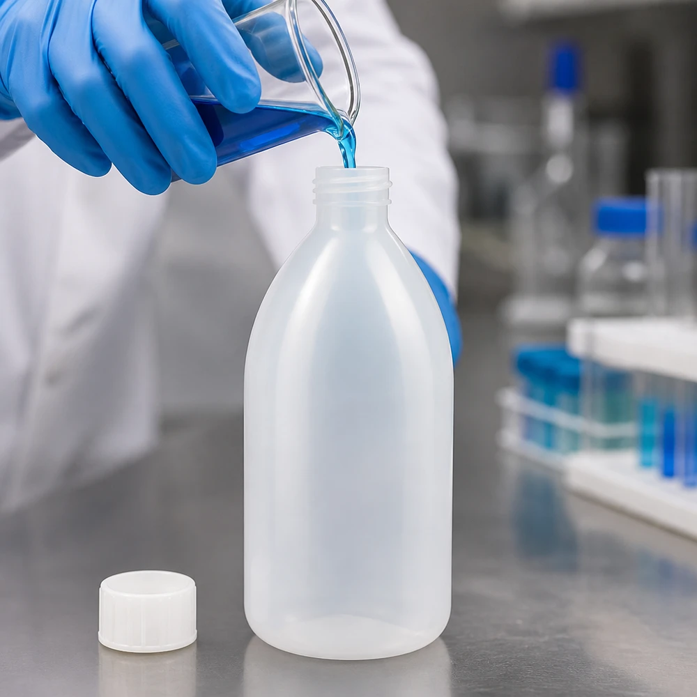 1000ml skruvflaska, laboratorieflaska med smal hals 1000ml Enghals Schraubflasche aus PE im Chemielabor neben Reagenzgläsern mit blauer Lösung