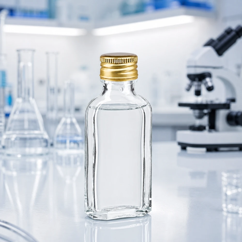 50 ml Meplat klar med aluminiumlock guld PP22 Genomskinlig glasflaska på 50 ml, platt Meplat-form med guldfärgat skruvlock av aluminium, PP22, för laboratoriebruk