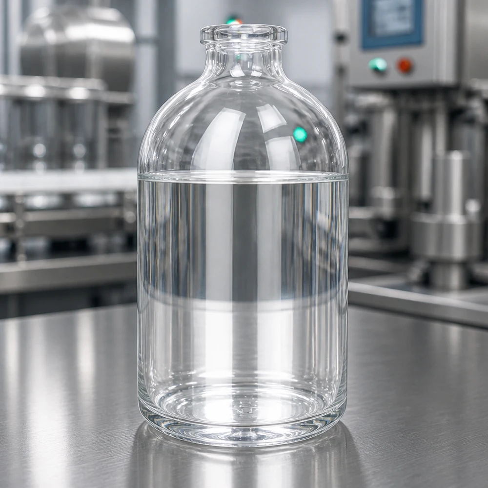 Injektionsflaska klarglas 100ml Medizinische Klarglasflasche 100ml mit flachem Standboden vor industriellem Maschinenhintergrund