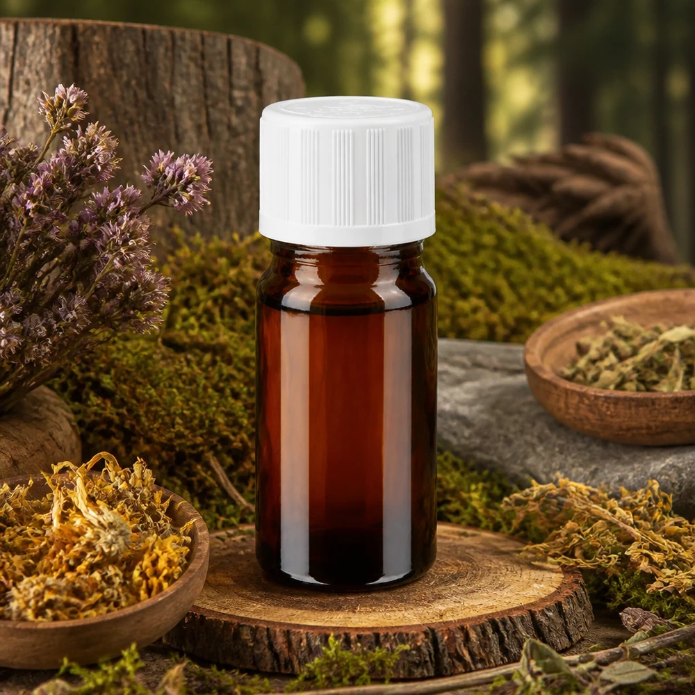 Liten 5 ml-flaska i brunt glas med vit KiSi-kork på en träskiva bland naturliga örter