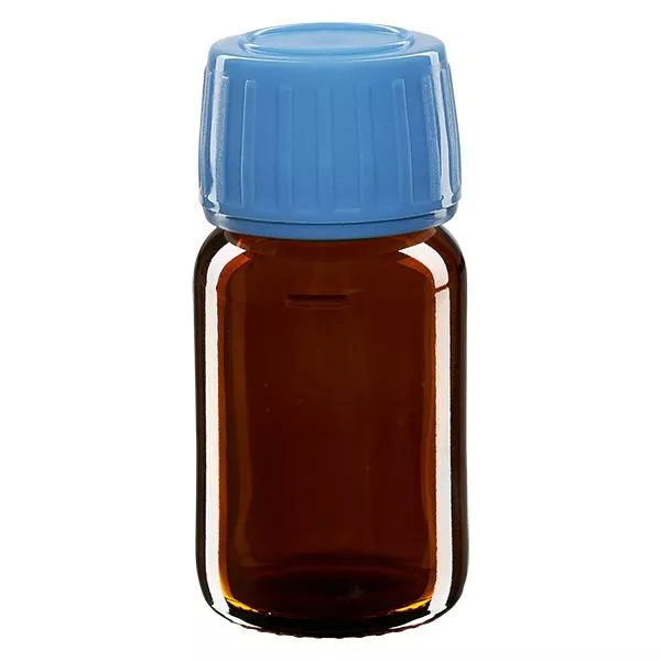 30 ml medicinflaska brun, blått lock med säkerhetsring ApoGlas 30 ml medicinflaska brun, blått lock med säkerhetsring ApoGlas