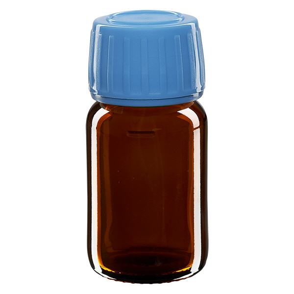 30 ml medicinflaska brun, blått lock med säkerhetsring ApoGlas 30 ml medicinflaska brun, blått lock med säkerhetsring ApoGlas