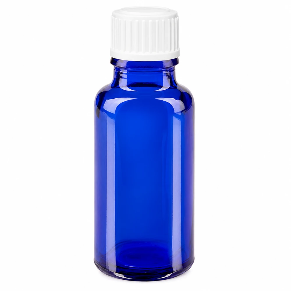 Apoteksflaska blå 20ml skruvlock vita globuler standard 20 ml blå glasflaska med vitt skruvlock för apotek och laboratorier