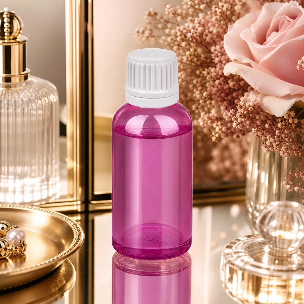 30ml flaska 11mm skruvkork vit Originality skruvkork PurpleLine UT18/30 30 ml flaska med 11 mm öppning i violett färg för exakt dosering av vårdoljor och essenser
