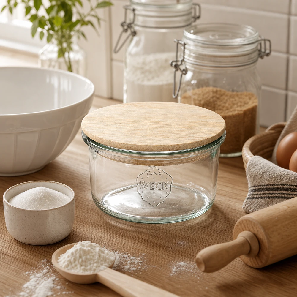 165ml Krossade glasögon WECK RR80 med trälock WECK RR80 165 ml murarburk med bambulock i en naturlig köksscen med bakingredienser och träredskap