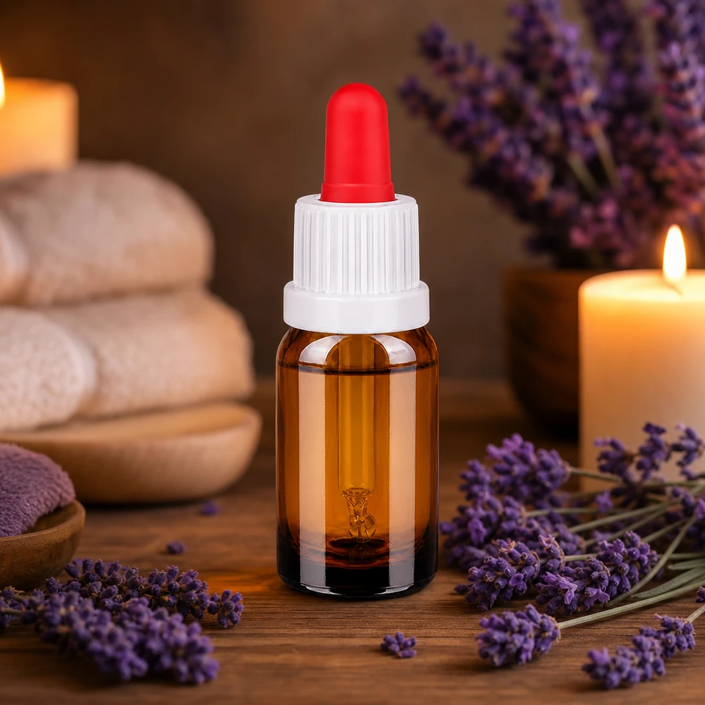 10 ml pipettflaska vit/röd med säkerhetsförslutning BrownLine UT18/10 Liten 10 ml pipettflaska i kompakt format med röd droppare för aromaterapi