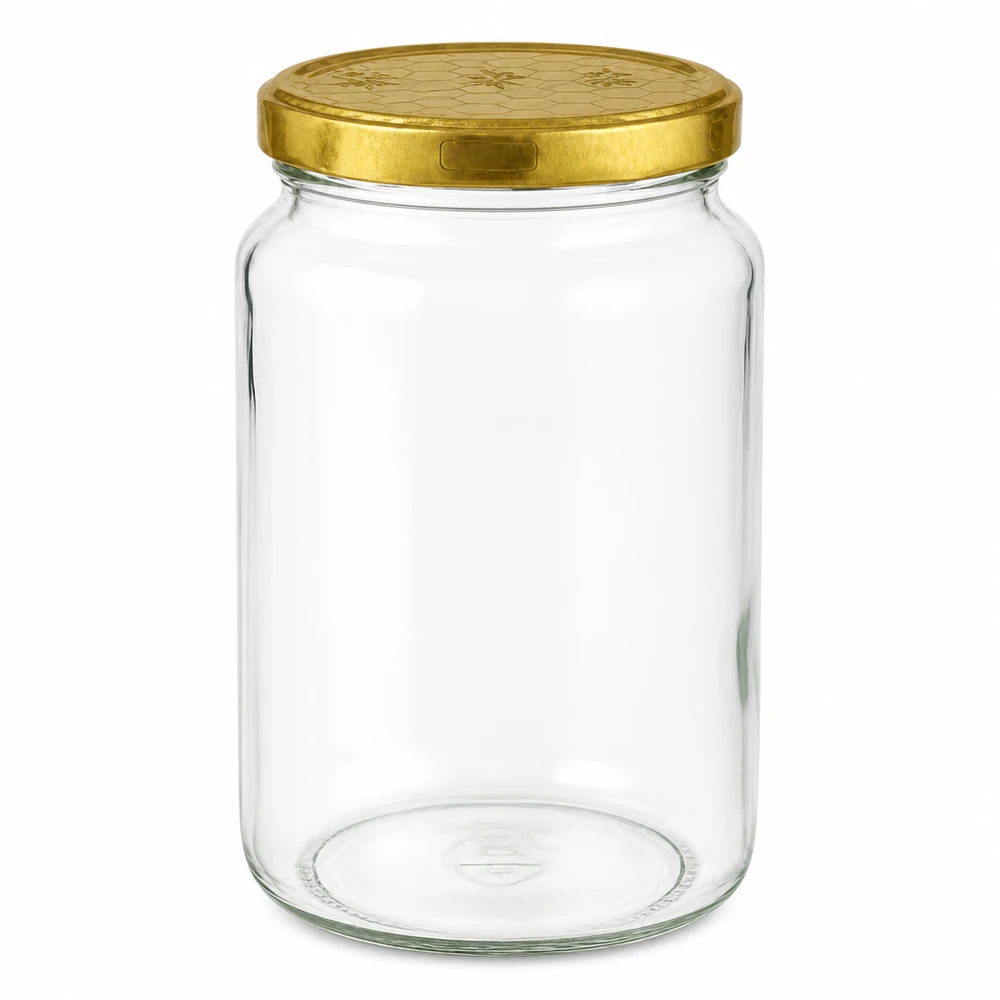 795 ml rund burk med gyllene BasicSeal-lock, honeycomb UN-förslutning för honung och sylt