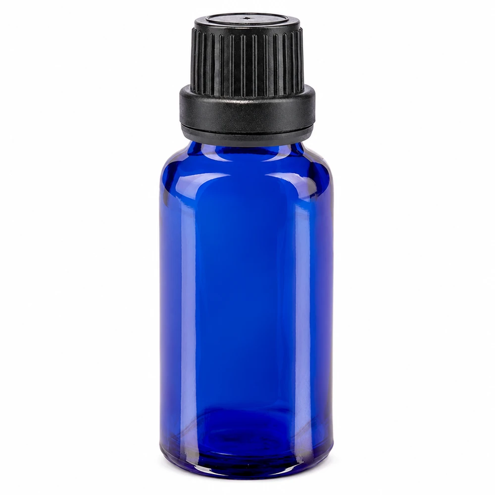 20 ml blå apotekarflaska i glas med svart originalförslutning, 11 mm