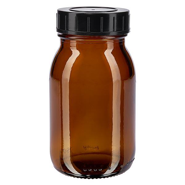 150 ml bredhalsad bärnstensfärgad glasflaska med skruvkork