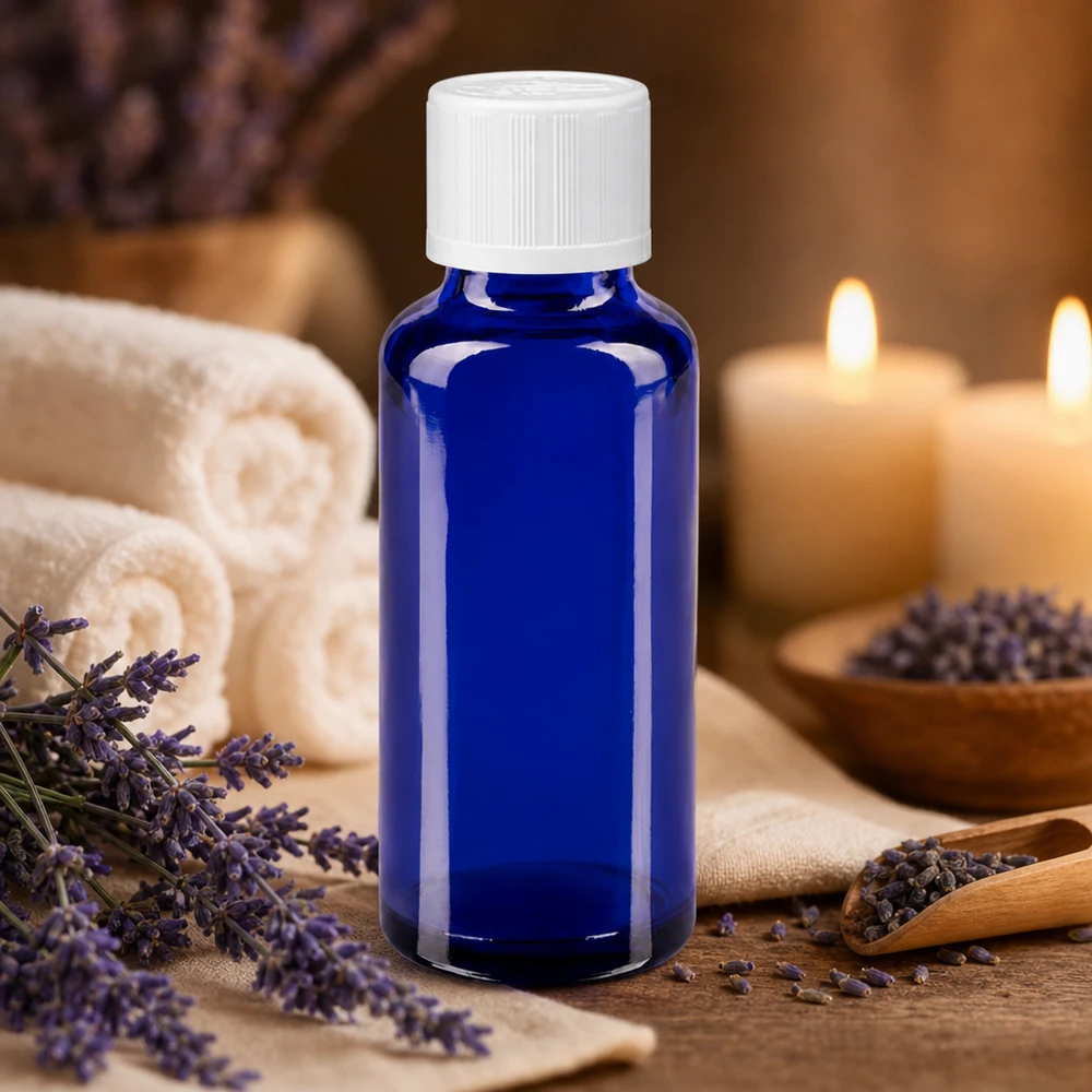 Apoteksflaska blå 30ml droppflaska vit barnskyddande standard Blå glasflaska på 30 ml med droppinsats, omgiven av lavendelblommor och ljus för aromaterapi