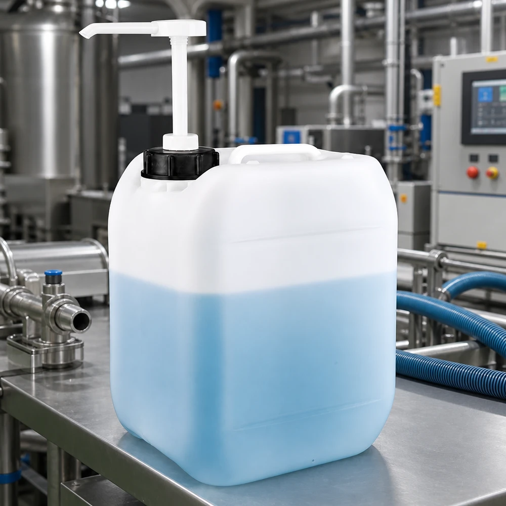 Dunk 5 liter med doseringspump Genomskinlig 5-litersdunk med blå vätska och vit doseringspump i en industriell produktionsanläggning