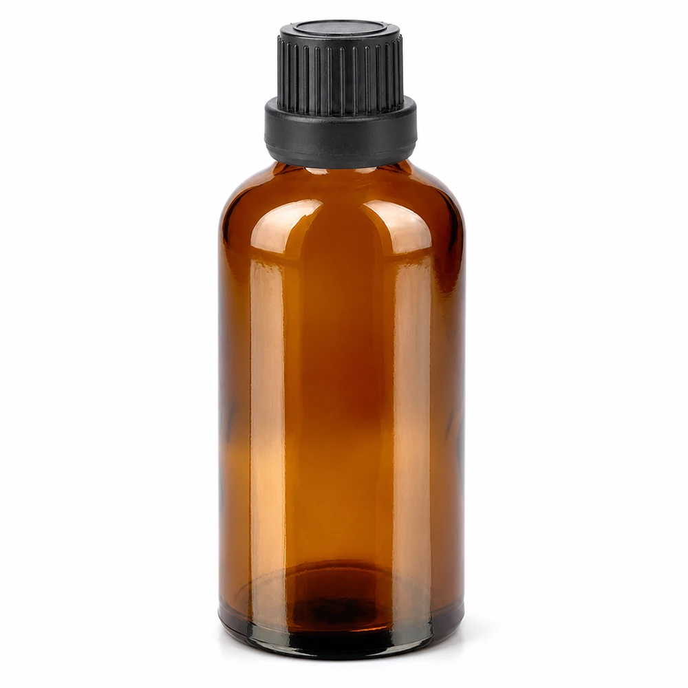50ml flaska 11mm skruvkork svart säkerhetsförslutningII BrownLine UT18/50 50 ml bärnstensfärgad glasflaska med svart skruvlock för eteriska oljor och kosmetika