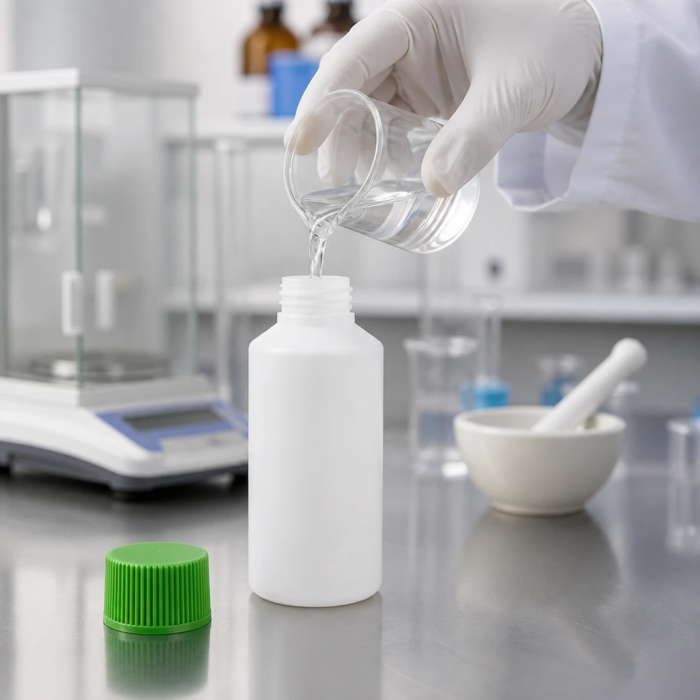 Apoteksflaska HDPE 50ml vit, med grönt skruvlock Vit plastflaska på 50 ml med grönt SV-märke vid påfyllning i ett farmaceutiskt laboratorium