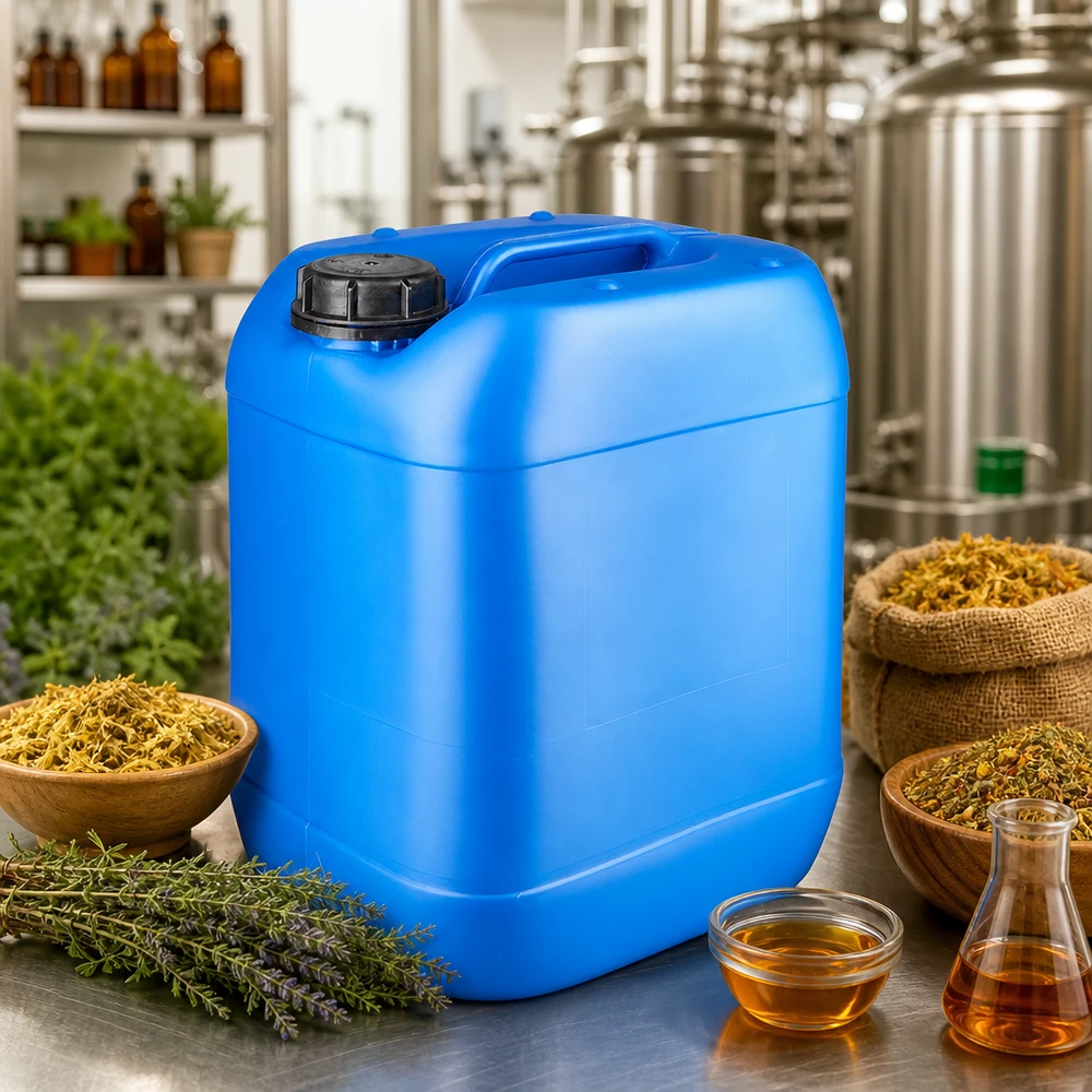 Dunk 20 liter blå med skruvkork, säkerhetsförslutning Blå 20-litersdunk med skruvlock för örtoljor och naturliga extrakt