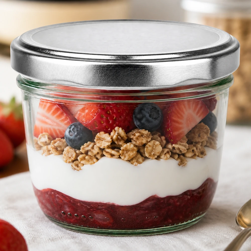 230ml Krossade glasögon med BasicSeal-lock silver UNiTWIST 230 ml glas med silverfärgat BasicSeal-lock fyllda med yoghurt bär nötter som en dessert i en burk Exempel på användning