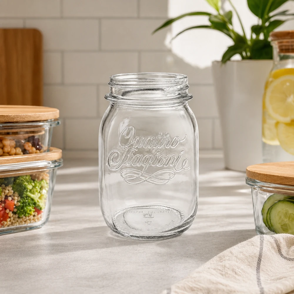 500ml rund burk "Quattro Stagioni" QS70mm 500 ml Quattro Stagioni hushållsburk utan lock på köksbänken med andra förvaringsburkar i bakgrunden