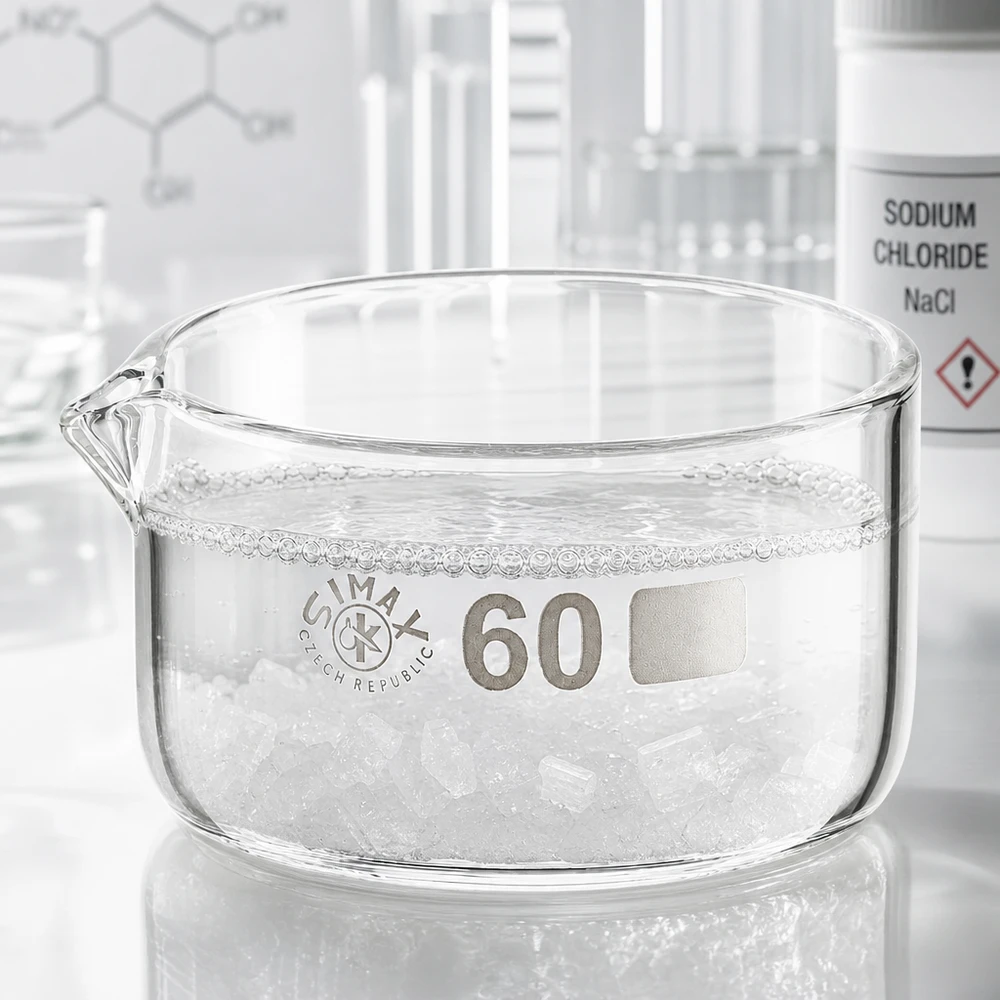 60ml kristalliseringsskål med pip av borosilikat ø60mm Kristallisationsskål 60 ml med natriumkloridkristaller, laboratorieskål i glas, platt utformning, med uthällningsöppning