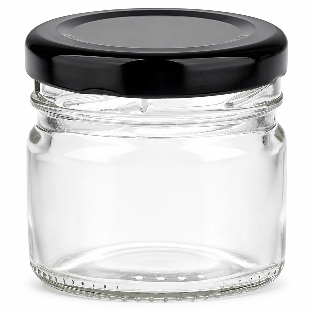33 ml rund glasburk + BasicSeal-lock, svart, UNiTWIST 33 ml rund glasburk med svart BasicSeal-lock, tom och genomskinlig mot vit bakgrund