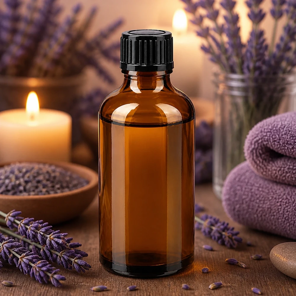 Brun apoteksflaska på 50 ml med svart skruvlock bredvid lavendelblommor och ljus
