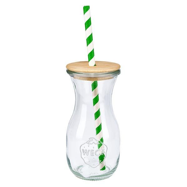 6 x WECK 290 ml juiceflaska RR60 med trälock och 100 eco S WECK juiceflaska 290 ml med lock i naturligt trä och grönt och vitt ekologiskt sugrör, dricksglas med en vy