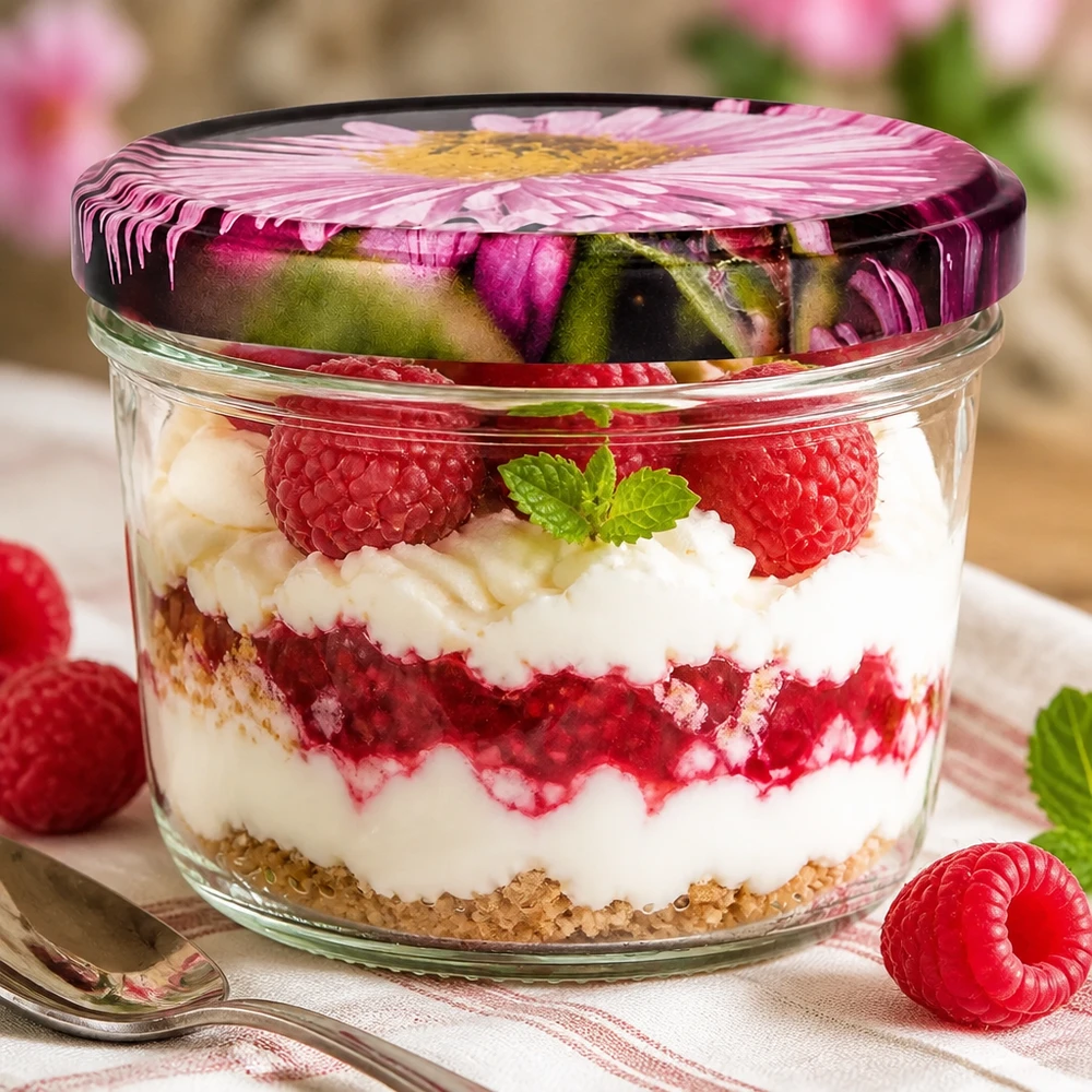 230 ml BasicSeal blomlock fyllt med hallondessert, skiktad dessert med grädde och färska bär