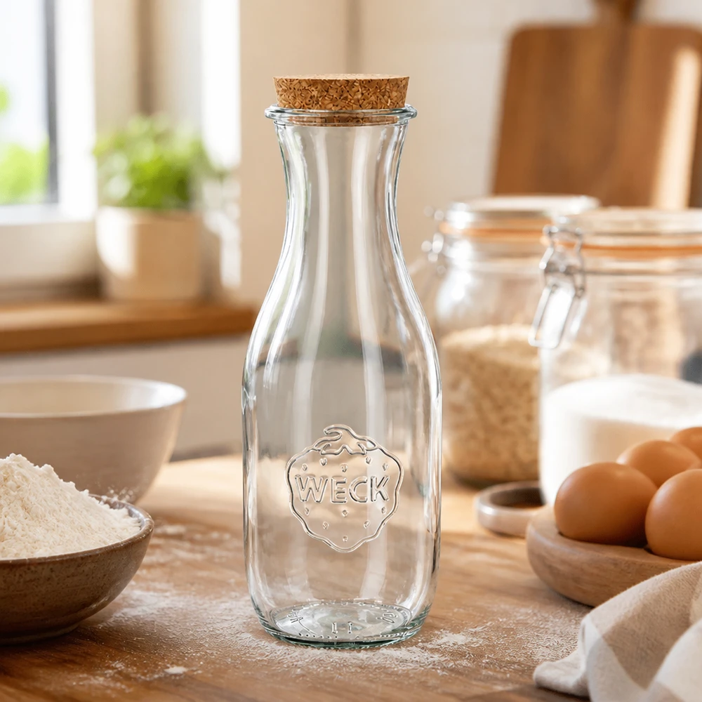 WECK glasflaska 1062ml RR60 med kork på bänkskiva av trä mellan bakingredienser som mjöl och ägg i ett ljust kök