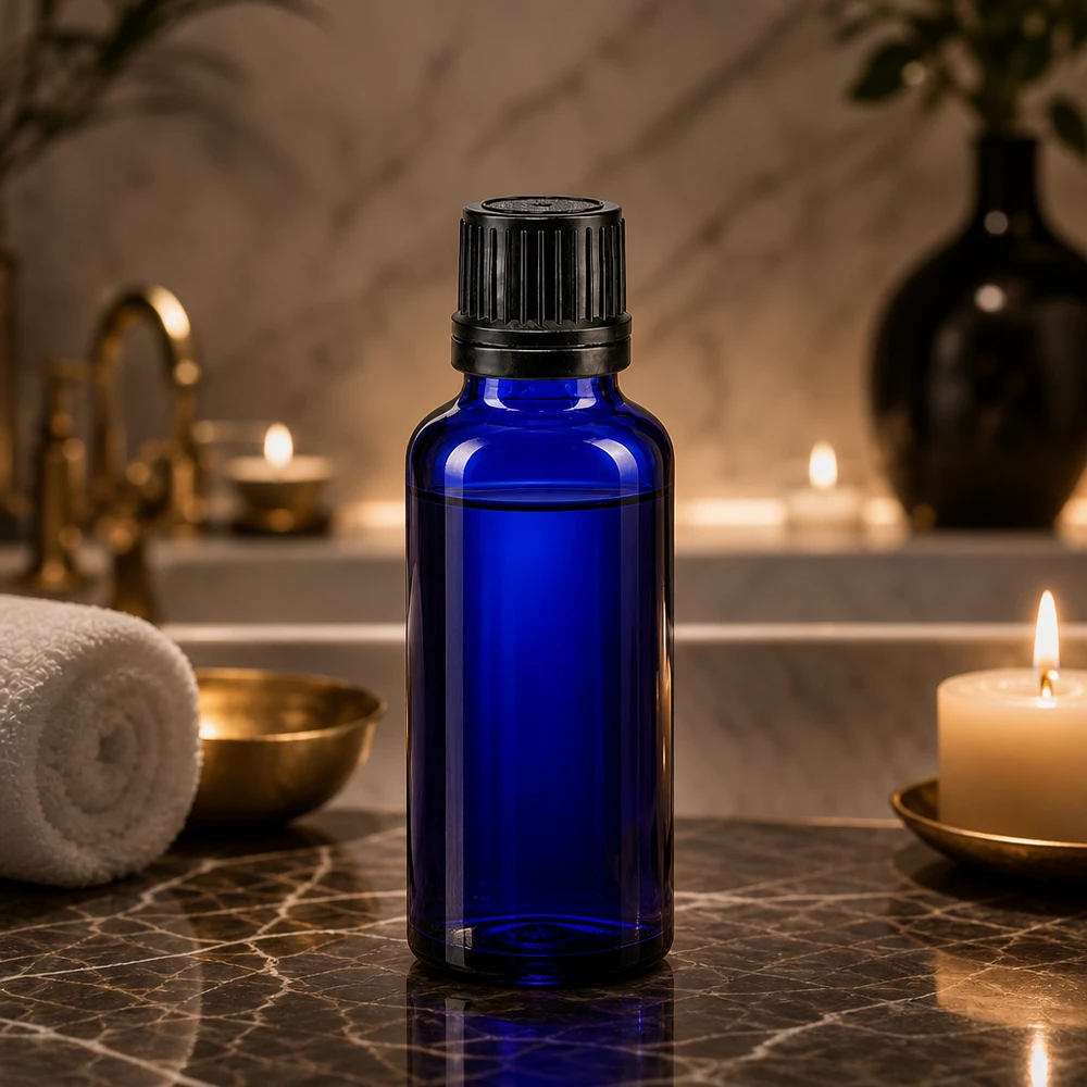 Koboltblå 30 ml apotekarflaska med originalförpackningens skruvlock på mörk marmor i en spa-miljö