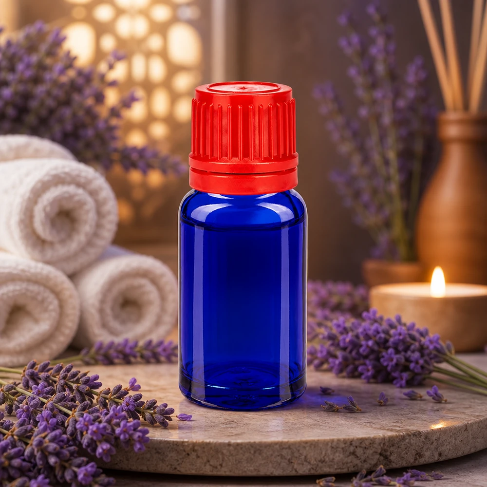 10 ml flaska 11mm skruvkork röd med säkerhetslock BlueLine UT18/10 Liten 10 ml aromaterapiflaska blå med rött dropplock för lavendelolja och wellness