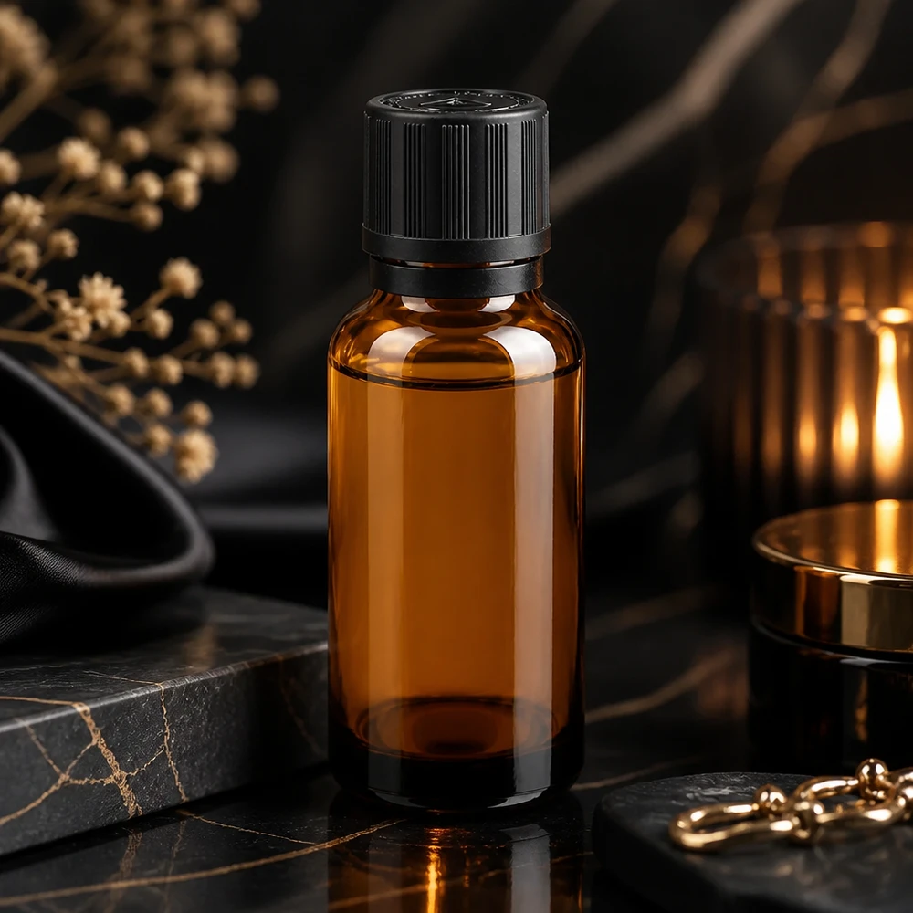 Apoteksflaska brun 20ml dropplock hällring 1mm svart barnsäkerhetslås blind varningssymbol manipulationsskydd 20 ml apotekarflaska i brunt glas med 1 mm droppinsats på svart marmor i en elegant inramning