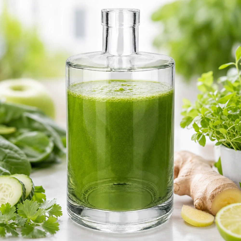 700 ml glasflaska Marie fylld med grön smoothie bredvid gurka, ingefära och örter på en ljus bakgrund