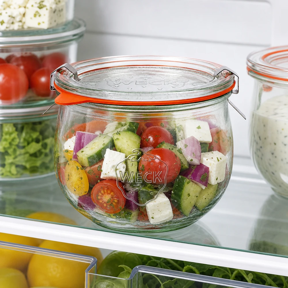 580ml tulpanburk komplett WECK RR100 WECK tulpanburk 580ml RR100 med färgglad sallad i kylen, praktisk förvaring av färska ingredienser för måltidsförberedelser