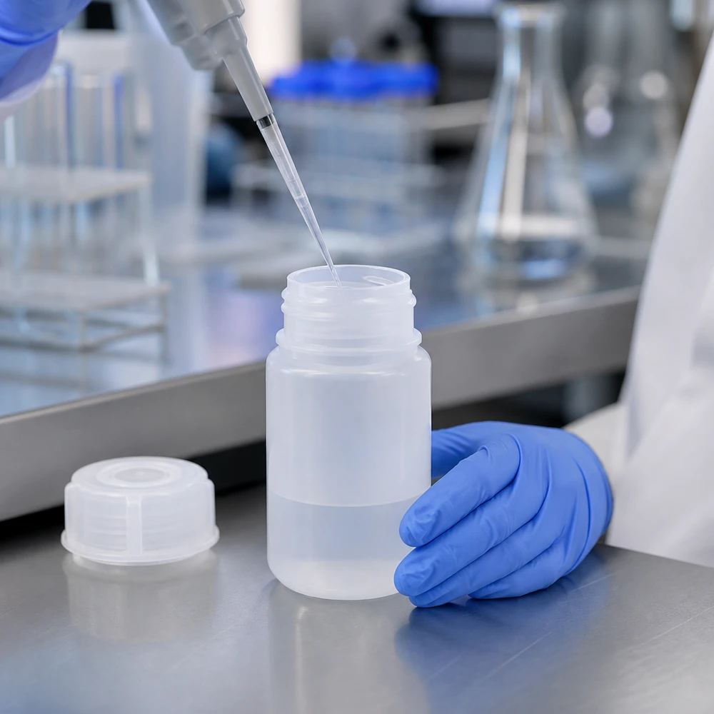 50 ml laboratorieflaska med vid hals och skruvlock för exakt pipettering i laboratoriet