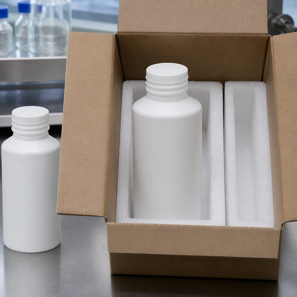 Apoteksflaska HDPE 50ml vit, utan lock HDPE-apotekflaska, 50 ml, vit, utan lock, i fraktkartong med skumplastfyllning