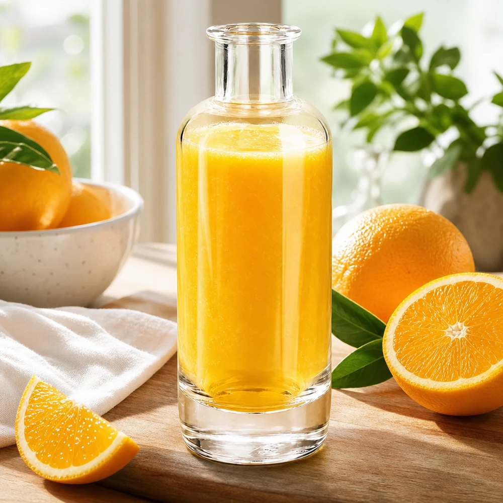 200 ml glasflaska Ella fylld med apelsinjuice omgiven av färska apelsiner visar naturliga fruktdrycker Applikation