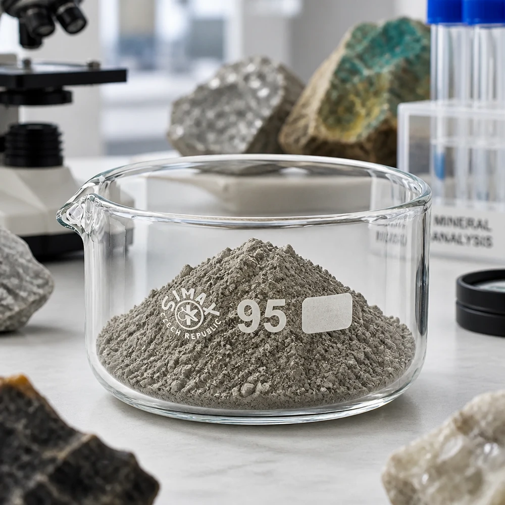 300ml kristalliseringsskål med pip borosilikat ø95mm Kristallisationsskål 300 ml fylld med grått mineralpulver, laboratorieanalys, borosilikatglas, ø95 mm