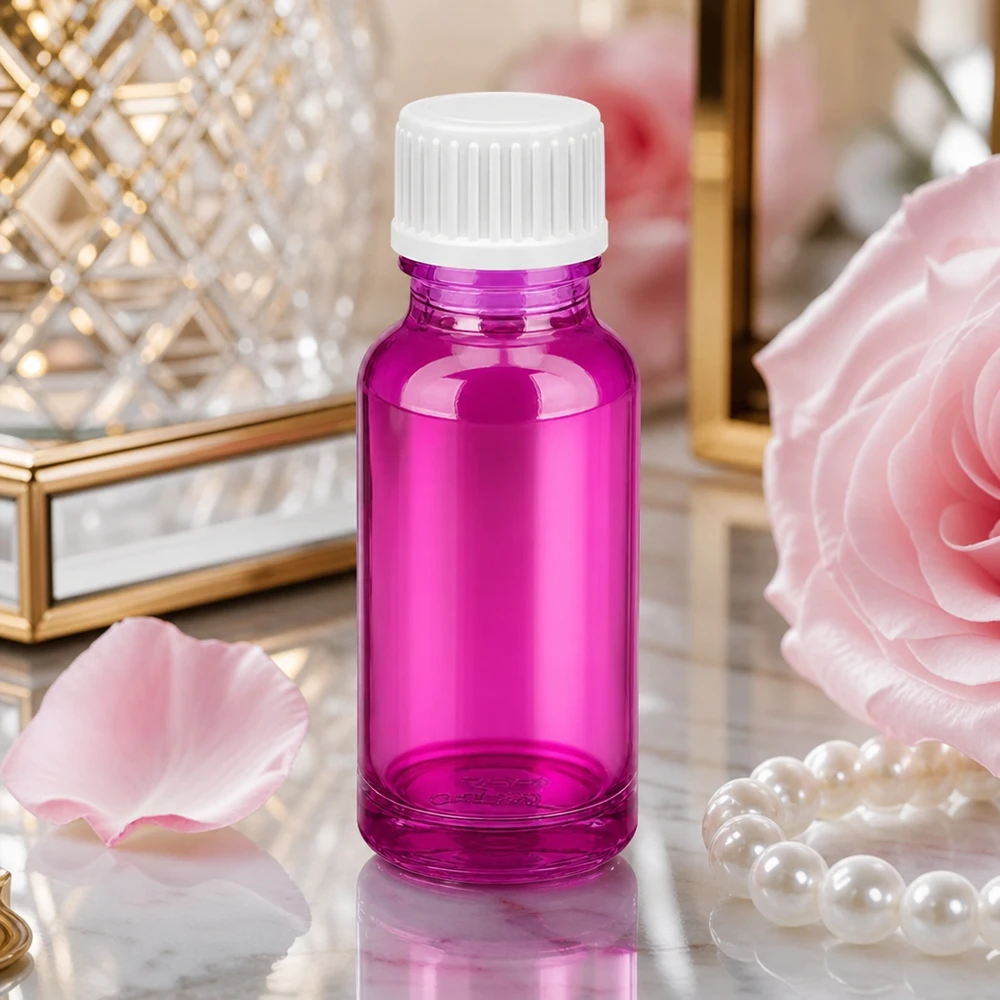 Elegant 20 ml droppflaska i ljuslila med vitt skruvlock för aromaterapi
