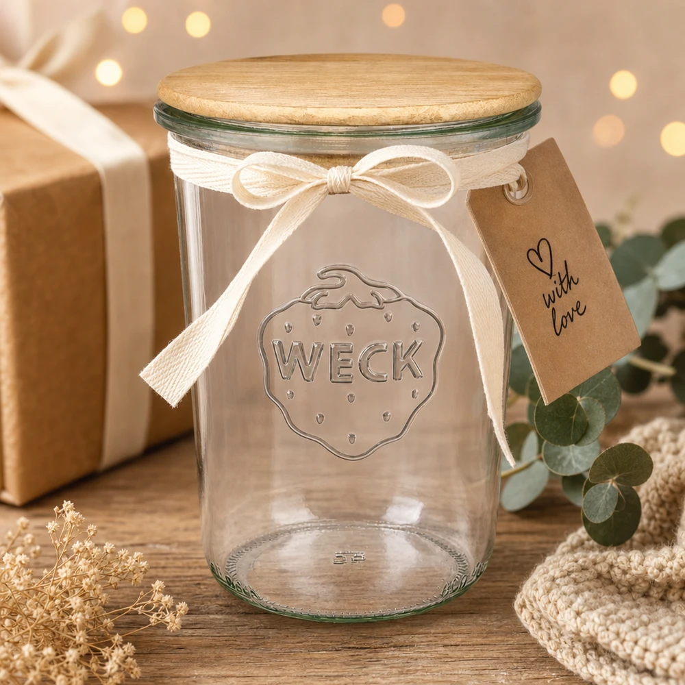 WECK dricksglas 850ml RR100 trälock presentförpackning med rosett tagg Festlig dekoration Jul