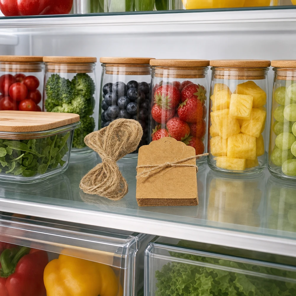Hänge 30 x 50 mm med snöre (förpackning med 10 stycken) Braune Geschenkanhänger mit Kordel im Kühlschrank neben Vorratsgläsern mit Obst für praktische Lebensmittel-Organisation