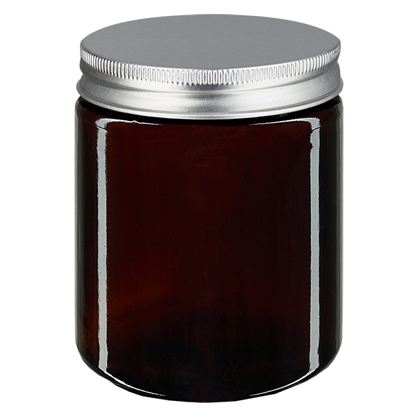 180ml glasburk. brun, med silverfärgat metallock. ApoGlas