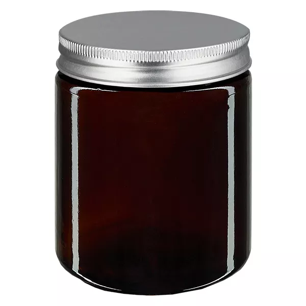 180ml glasburk. brun, med silverfärgat metallock. ApoGlas