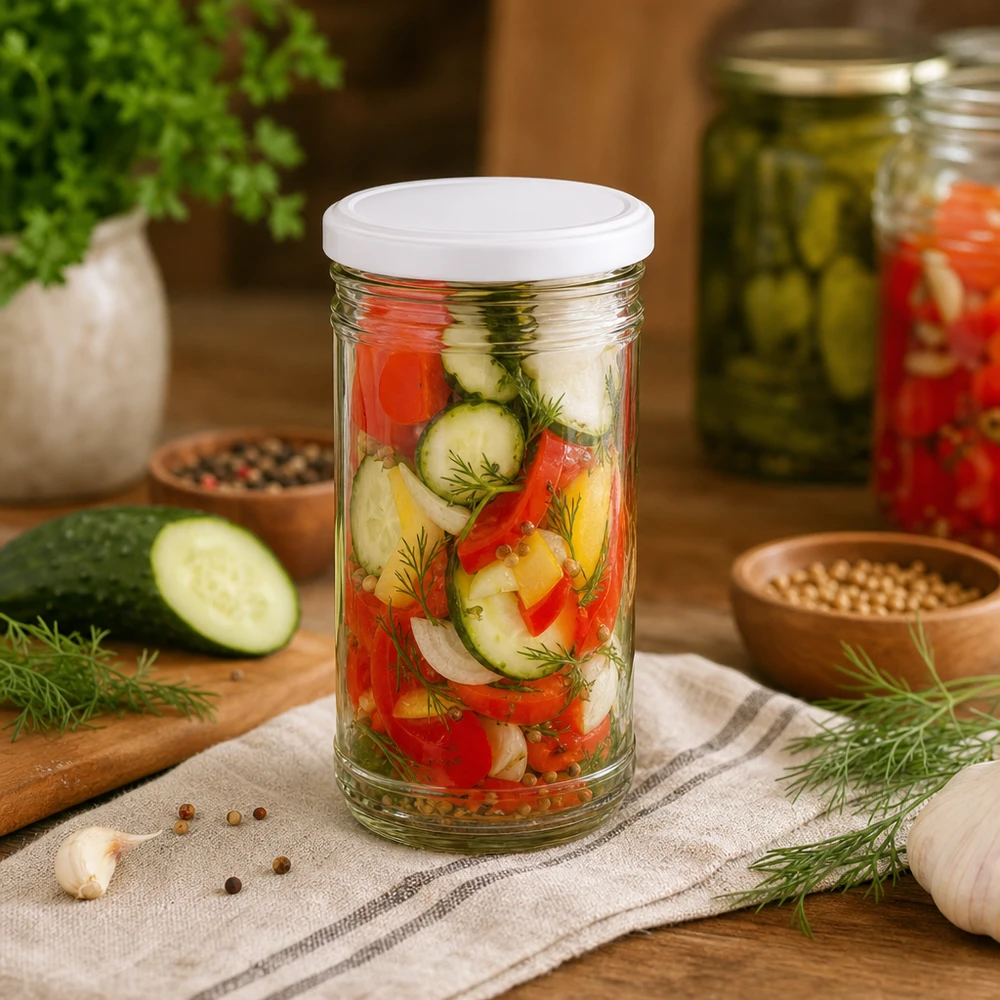 1053ml tumlare med inlagd grönsaksblandning gurkor paprika lök dill visar mångsidig användning som konserveringsburk