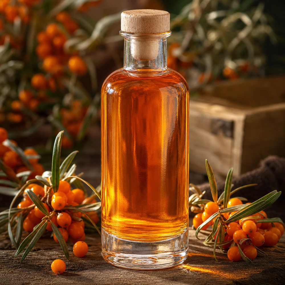 200 ml glasflaska Ella med träkork fylld med orangefärgad havtornsolja mellan färska havtornskvistar