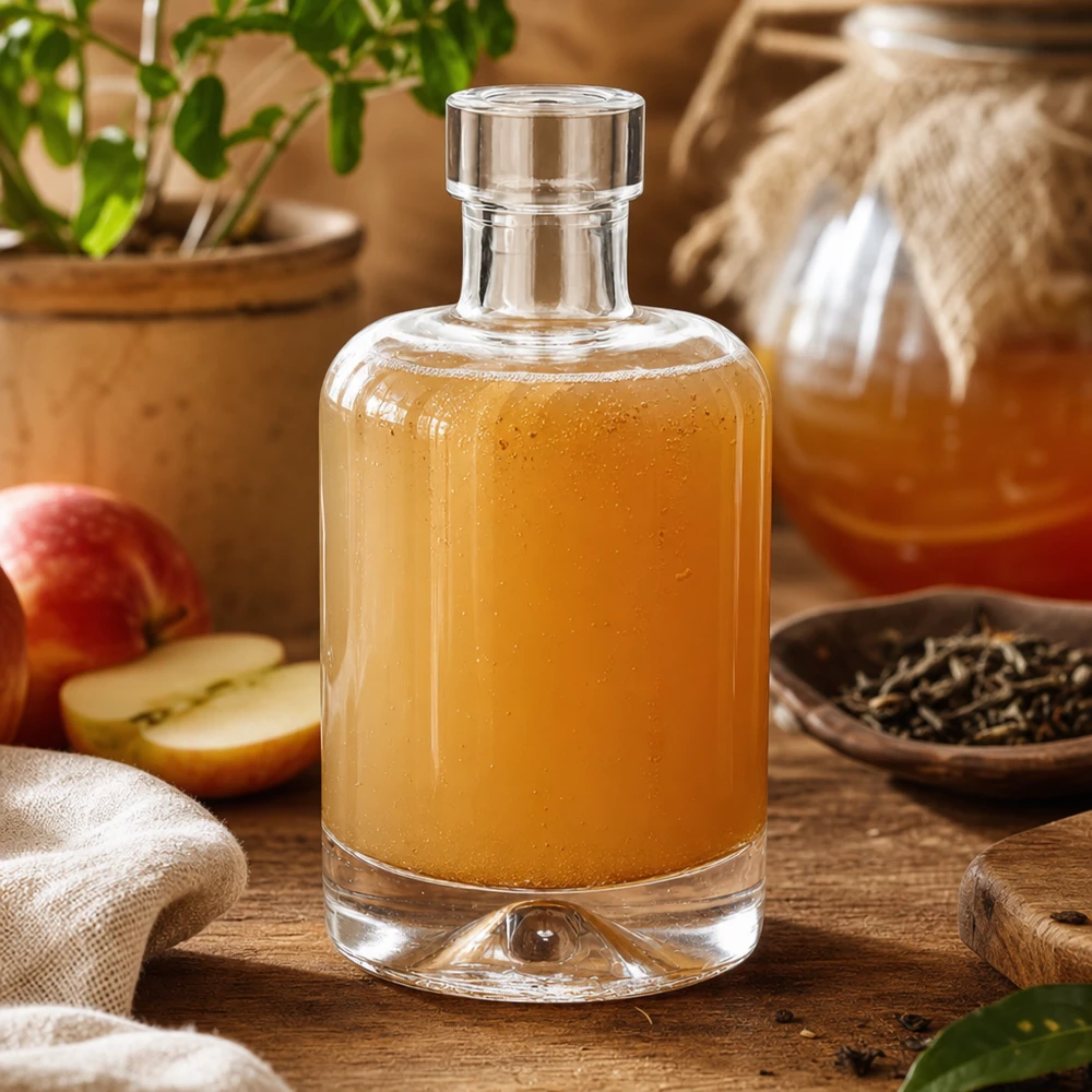 50 ml glasflaska 50ml Glasflasche "Amelie" ohne Verschluss UNiTWIST utan lock UNiTWIST® 50 ml glasflaska Amelie fylld med äppelcidervinäger bredvid äppelskivor och kryddor visar användning för vinäger och vinägrett
