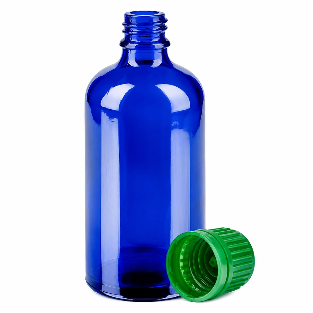 100ml flaska 11mm skruvkork grönt manipuleringssäkert lock BlueLine UT18/100 100ml medicinflaska blå med grönt lock 11mm öppning för farmaceutiska applikationer
