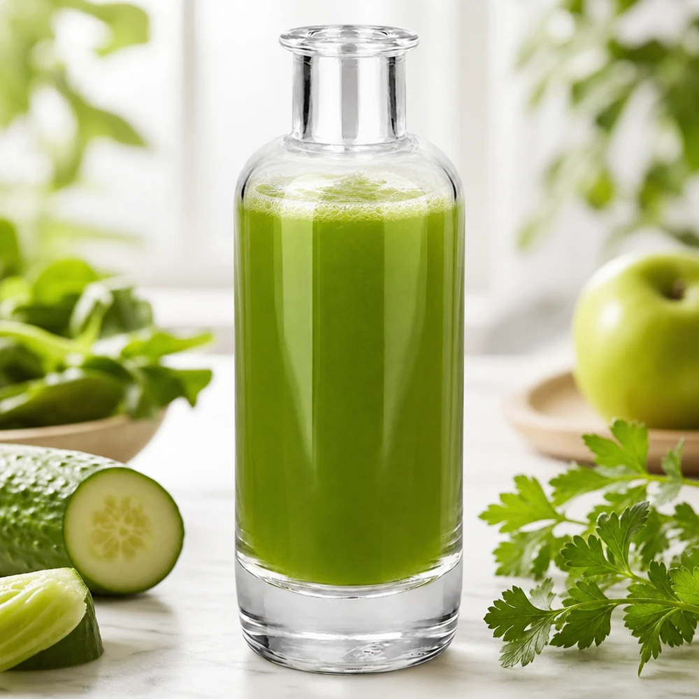 200 ml apoteksflaska Ella fylld med grön smoothie visar tillämpning för drycker och kosmetika