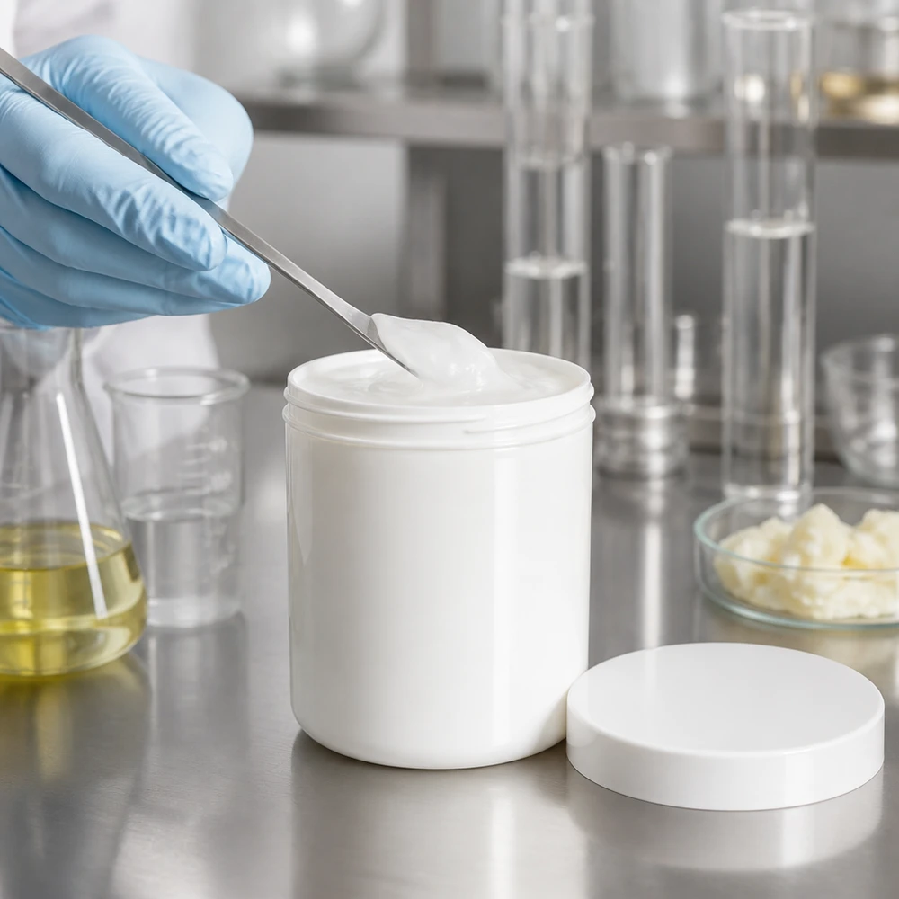 Salvburk 1000g vit med vitt skruvlock (polypropylen) En laboratoriespatel tar upp vit kräm från en 1000 g PP-salvburk med skruvlock på ett bord av rostfritt stål