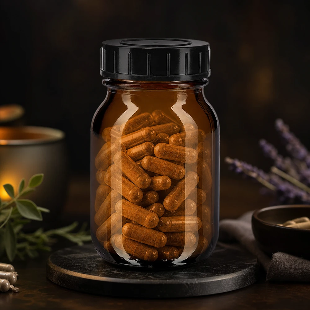 Farmaceutflaska 75 ml av UV-skyddande bärnstensfärgat glas med lufttätt svart lock