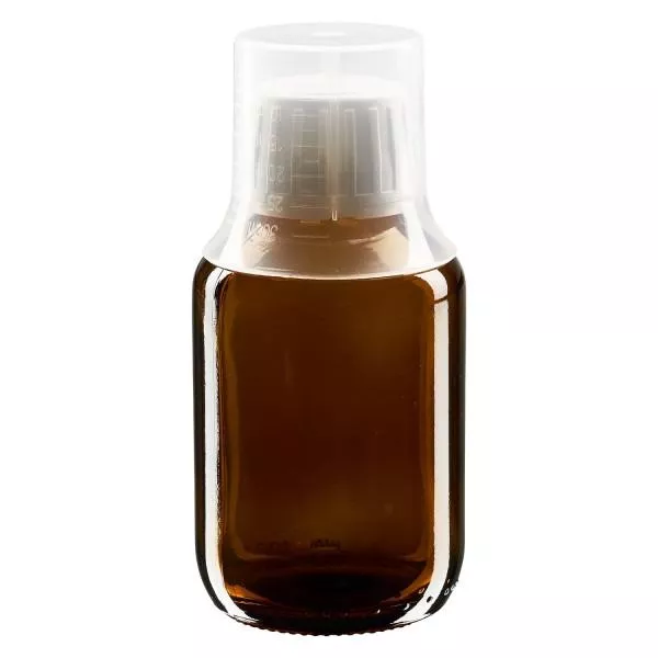 100 ml medicinflaska brun, manipuleringssäkert lock med doseringsbägare 30 ml ApoGlas 100 ml medicinflaska brun, manipuleringssäkert lock med doseringsbägare 30 ml ApoGlas