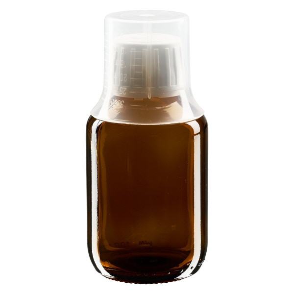 100 ml medicinflaska brun, manipuleringssäkert lock med doseringsbägare 30 ml ApoGlas 100 ml medicinflaska brun, manipuleringssäkert lock med doseringsbägare 30 ml ApoGlas